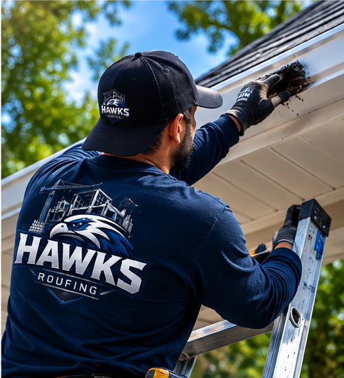 Repaired seamless gutter system installed by Hawks Roofing